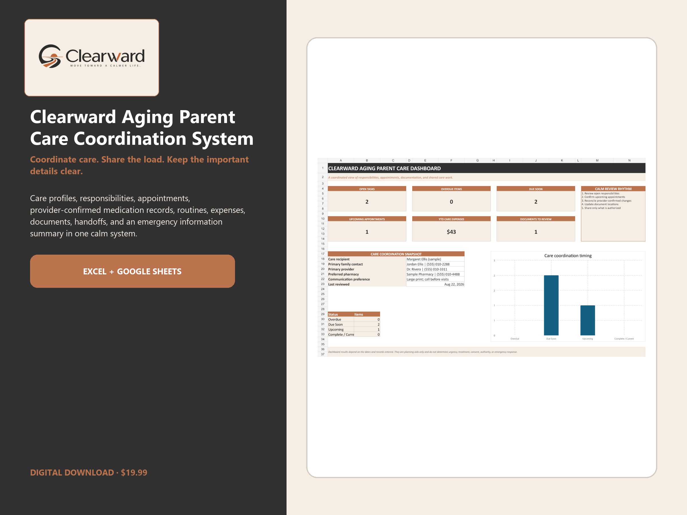 Clearward Aging Parent Care Coordination spreadsheet system overview