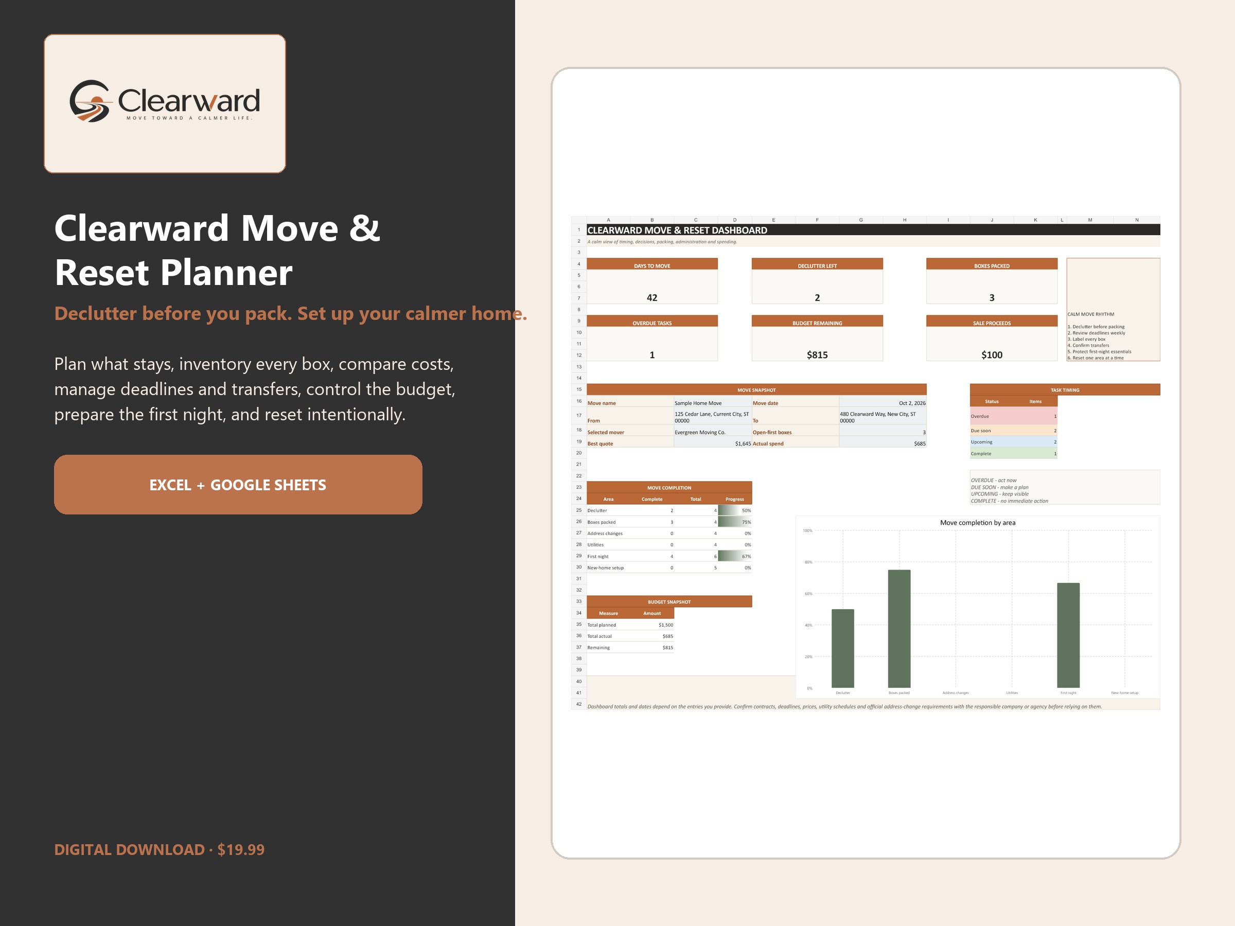Clearward Move and Reset digital moving planner overview