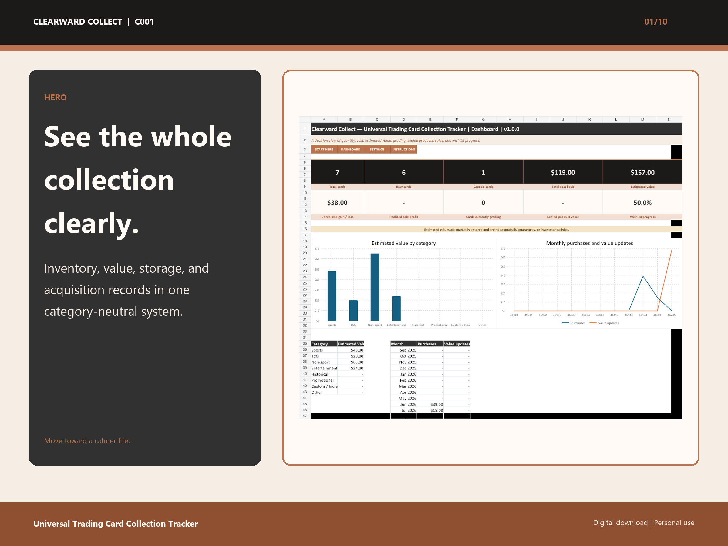 Clearward Collect Universal Trading Card Tracker workbook and dashboard preview