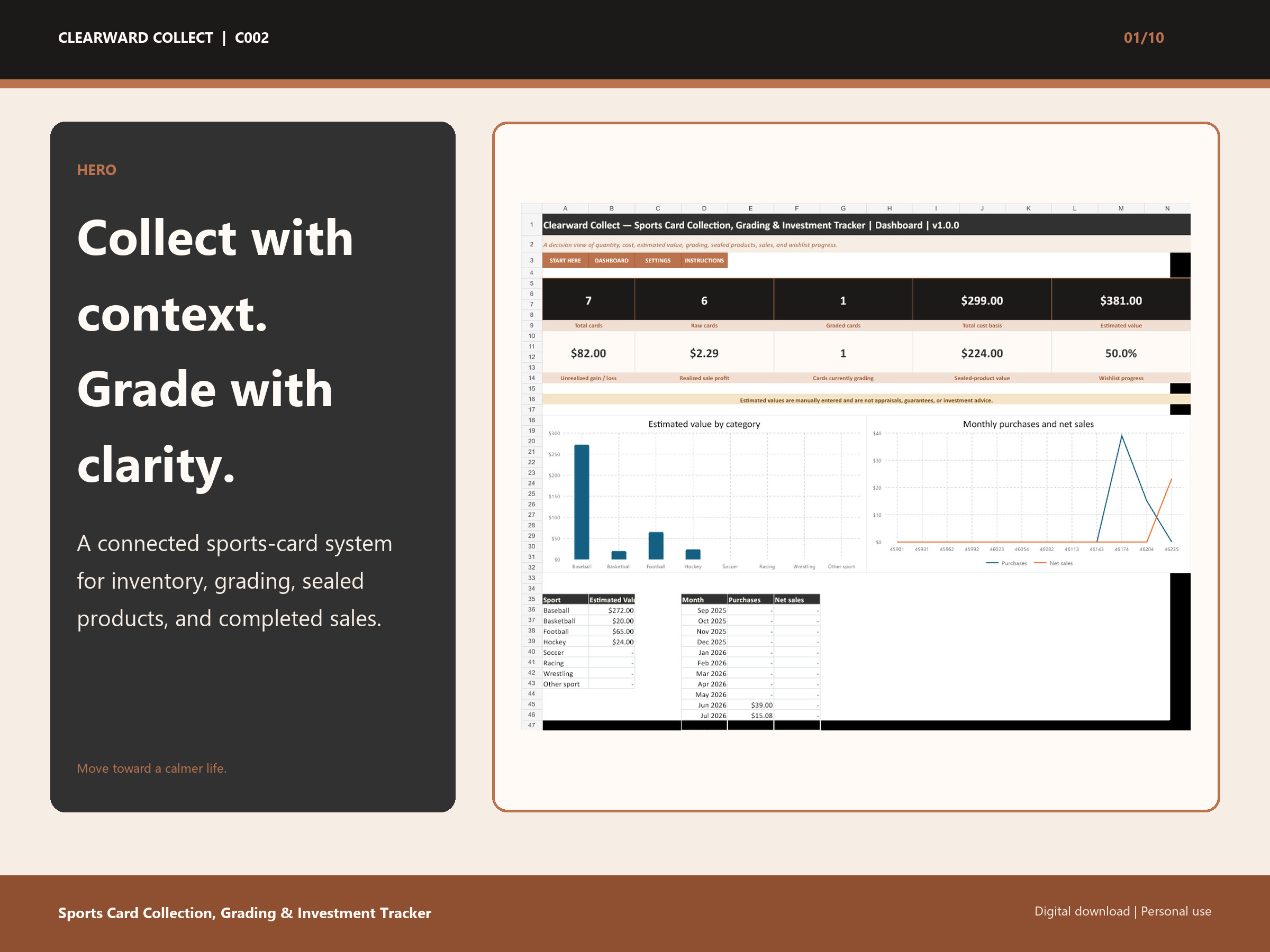 Clearward Collect Sports Card Tracker workbook and dashboard preview