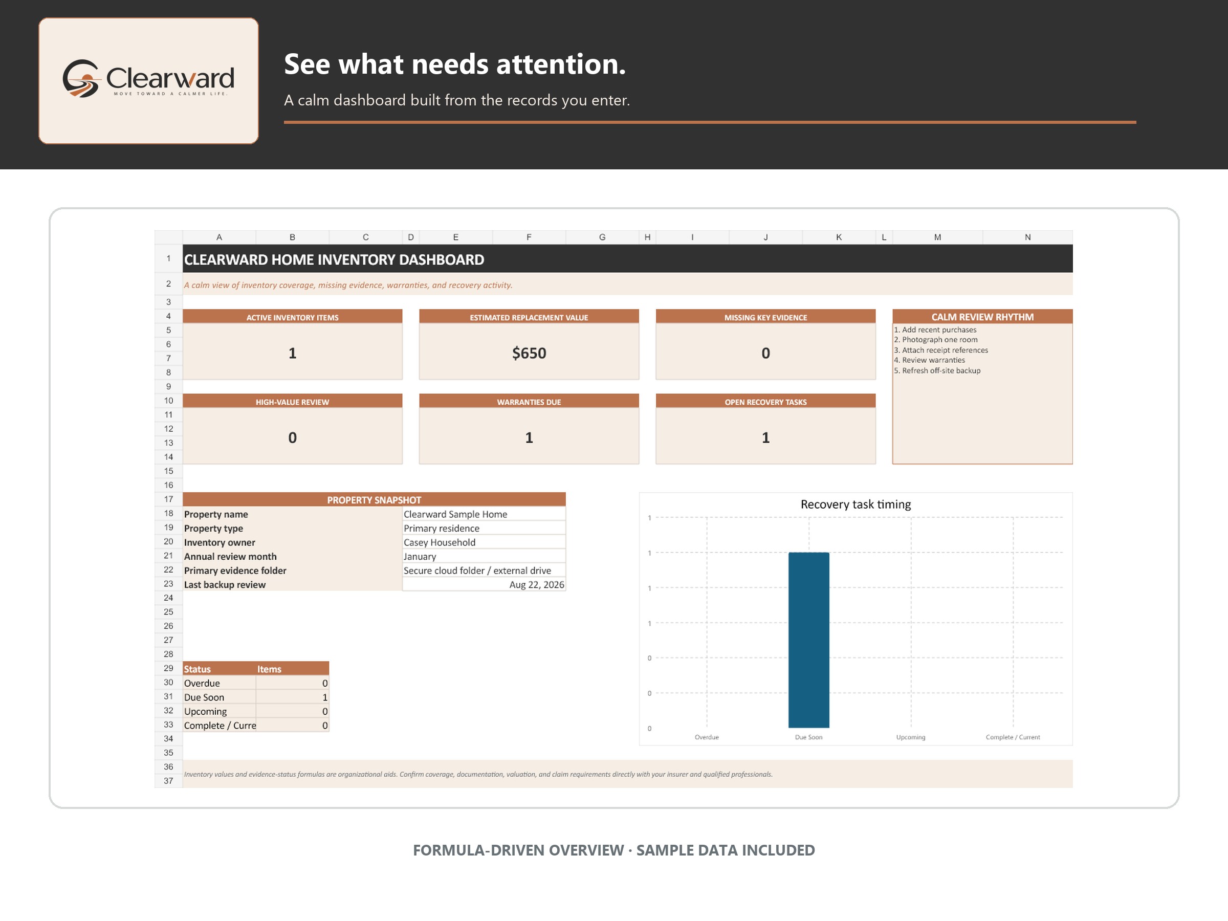 Clearward Home Inventory & Recovery System dashboard preview