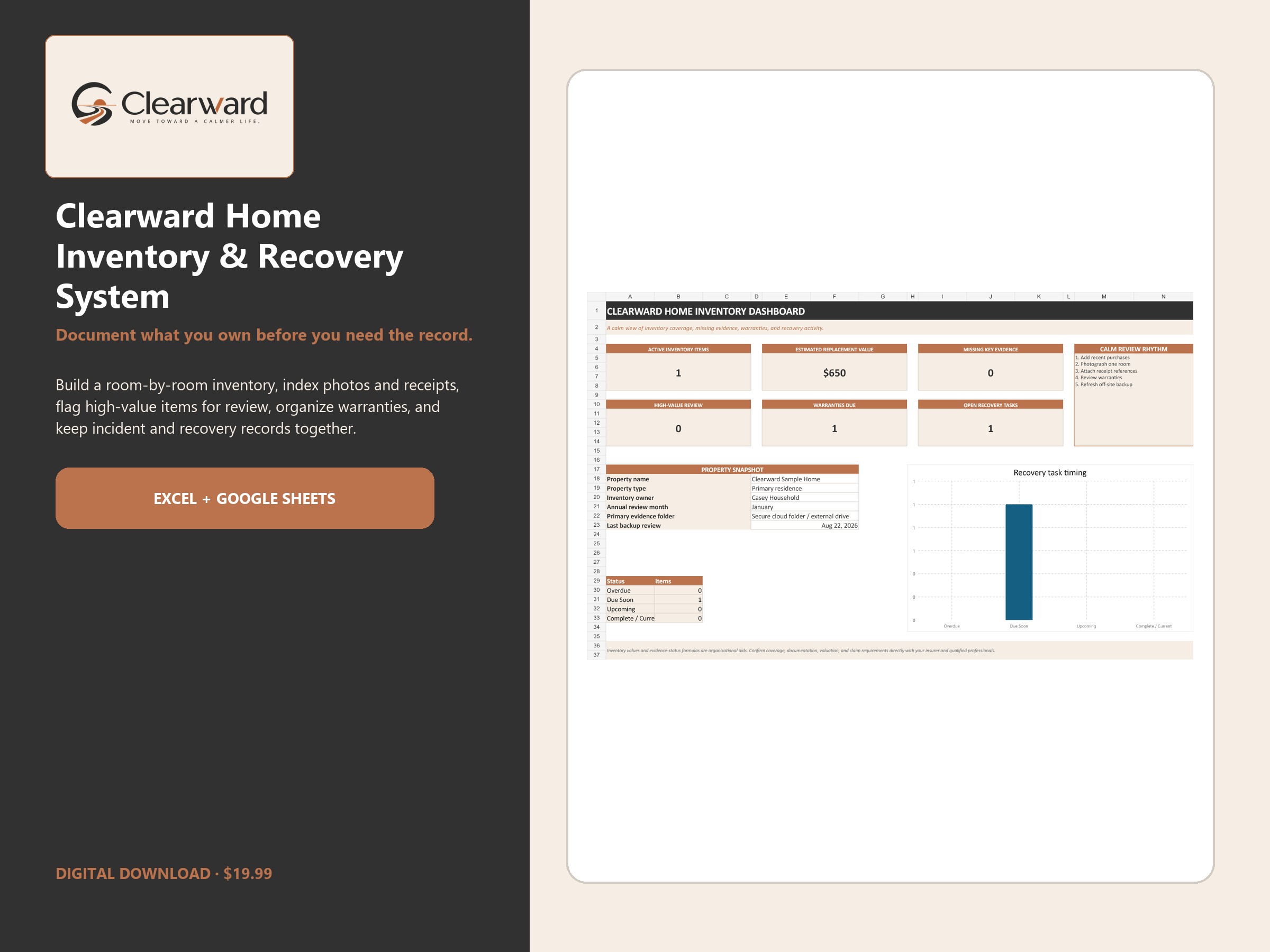 Clearward Home Inventory and Recovery spreadsheet system overview